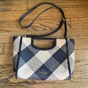 KATE SPADE Alexia Gingham Woven Straw Clutch/Crossbody in Navy Blue & Ivory